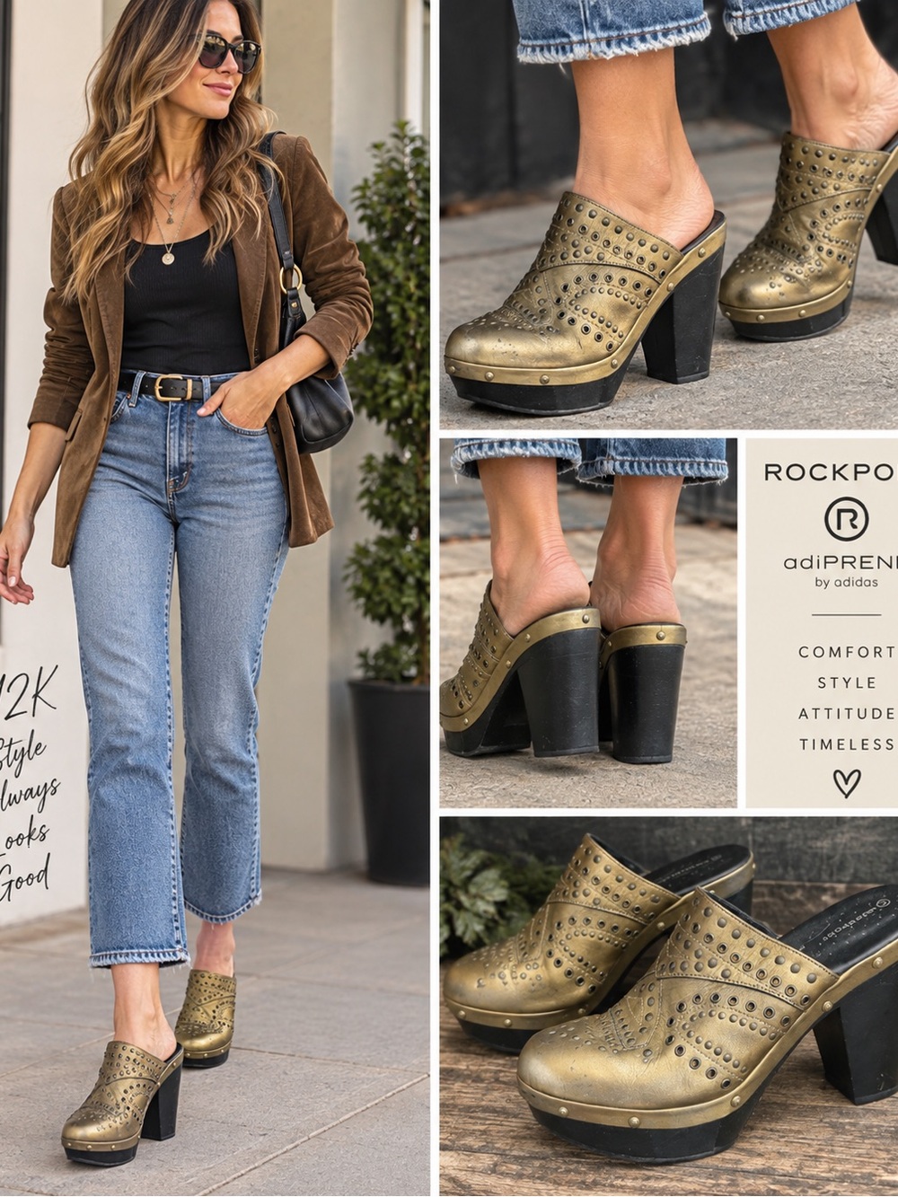 Rockport adiPRENE by Adidas Women’s 10 Gold Studded Platform Mule Heels Y2K